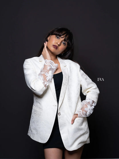 White Embossed Blazer – Elegance with Intricate Floral Embroidery - Blazer