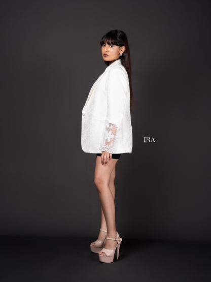 White Embossed Blazer – Elegance with Intricate Floral Embroidery