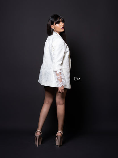 White Embossed Blazer – Elegance with Intricate Floral Embroidery
